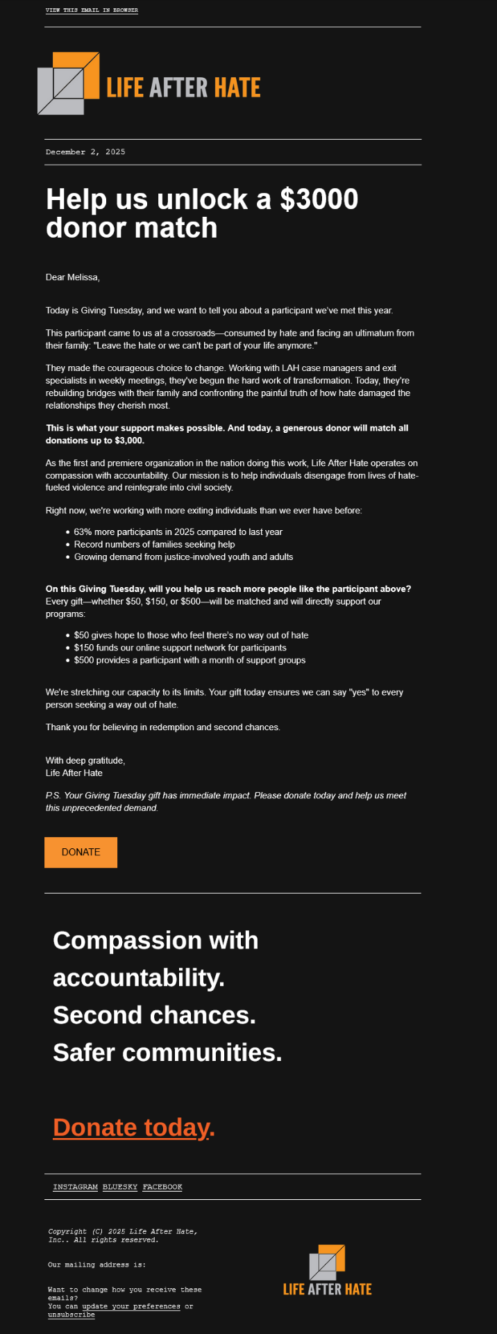 Giving Tuesday email: 'Help us unlock a $3000 donor match.' Life After Hate participant story and matched-gift CTA.