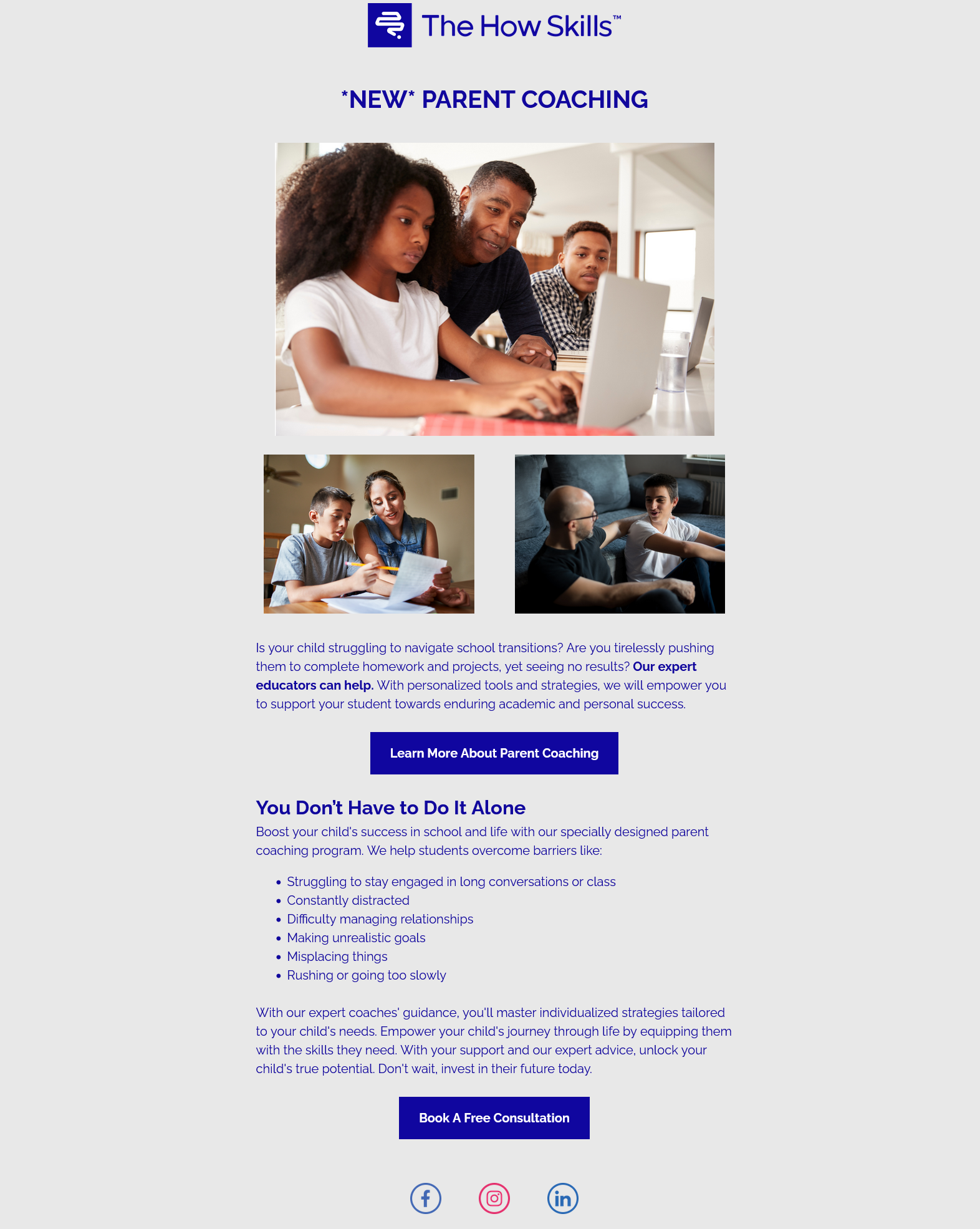 The How Skills Parent Coaching launch email with hero imagery and CTA.