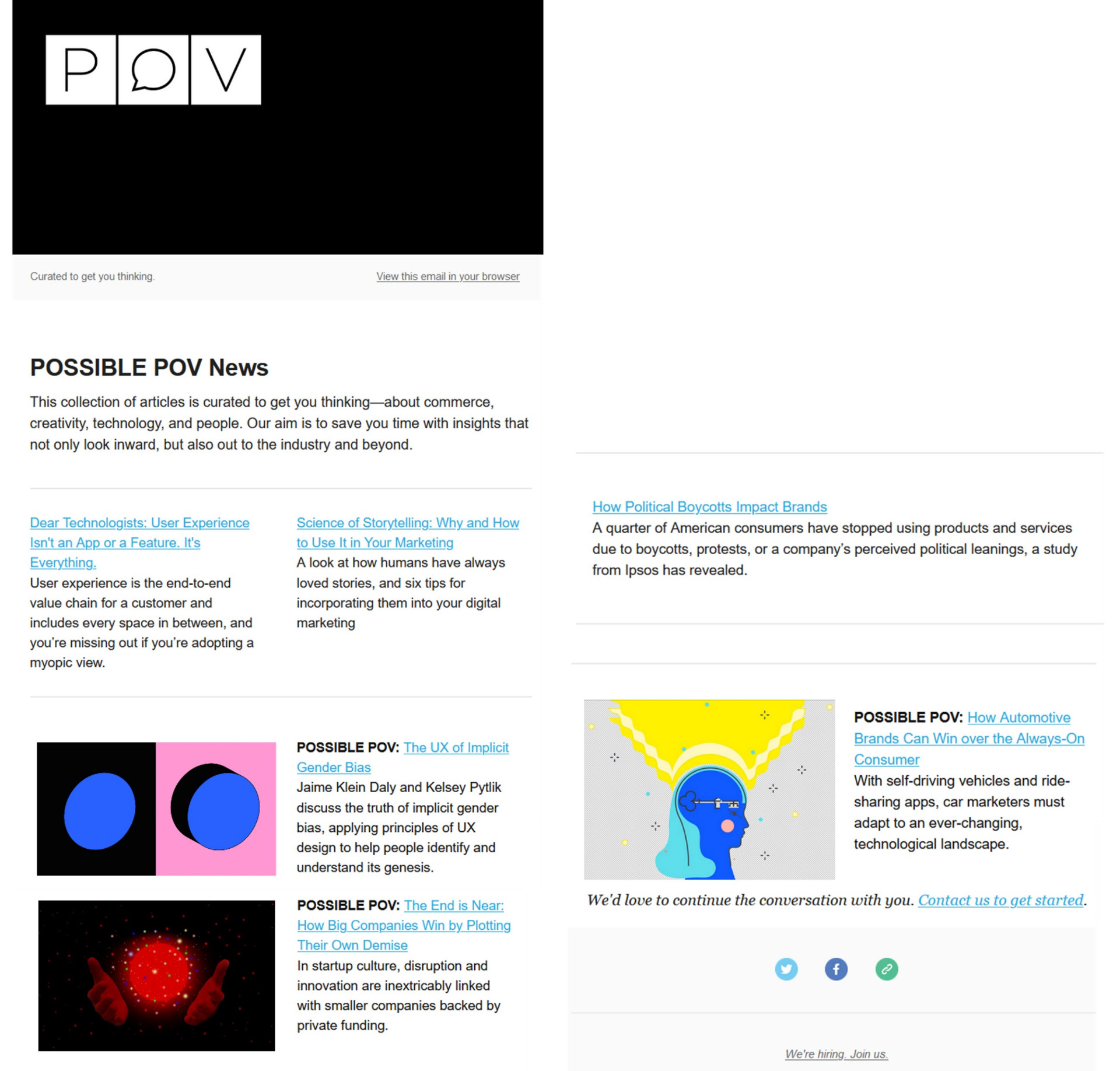POSSIBLE POV newsletter: curated industry articles with editorial layout.